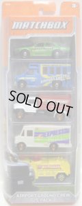 2012 MATCHBOX 5PACK - AIRPORT GROUND CREW (Ford Crown Victoria Taxi / Chevy Transport Bus / Guzzler / Express Delivery / Airport Fire Tanker)