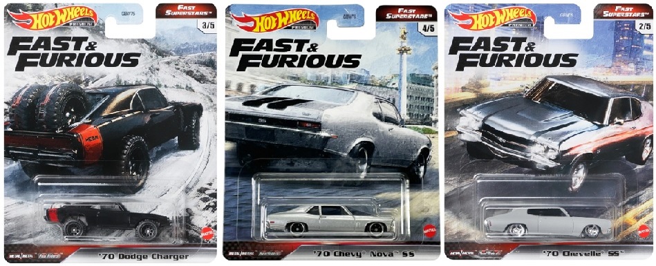 画像: 2021 HW PREMIUM FAST & FURIOUS 【Mアソート"FAST SUPERSTARS" (5種セット）】NISSAN SKYLINE GT-R (BNR34)/TOYOTA GR SUPRA/'70 DODGE CHARGER (OFF-ROAD)/'70 CHEVY NOVA SS/'70 CHEVELLE SS