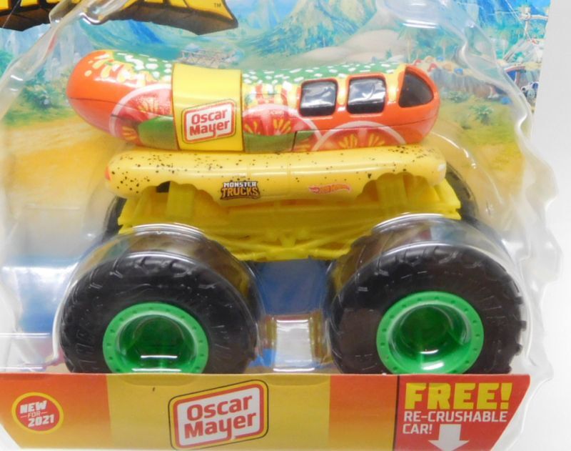 画像: 2021 HW MONSTER TRUCKS! WALMART EXCLUSIVE 【OSCAR MAYER(具あり)】 ORANGE-YELLOW (includes RE-CRUSHABLE CAR)(予約不可）