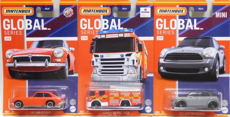 画像: 2021 MATCHBOX GLOBAL SERIES 【7種セット - A】Scania P360 Fire Truck/2011 Mini Countryman/1971 MGB GT Coupe/'15 Jaguar F-Type Coupe/Land Rover Defender 110/LEVC TX Taxi/Renault Master Ambulance (予約不可）