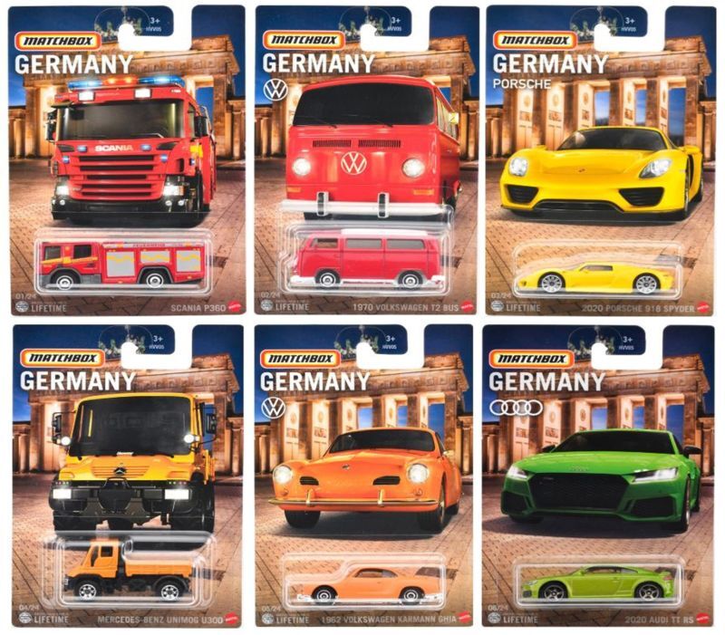 画像: 2024 MATCHBOX【ベスト・オブ・ヨーロッパ アソート - Germany - (10個入り)】スカニア P360/1970 フォルクスワーゲン T2 バス/2020 ポルシェ 918 スパイダー/メルセデス・ベンツ ウニモグ U300/1962 フォルクスワーゲン カルマンギア/2020 アウディ TT RS (2024年1月下旬入荷予定）