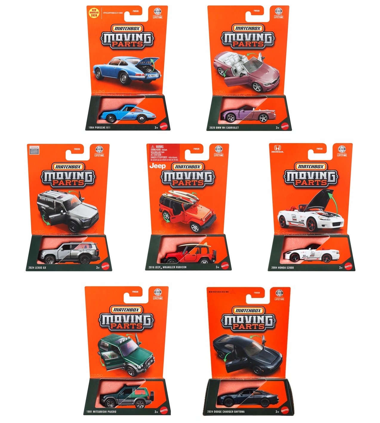 画像: 【仮予約】PRE-ORDER - 【2025 MATCHBOX MOVING PARTS　"J"アソート 8個入り】1964 ポルシェ 911/2020 BMW M4 カブリオレ/2024 レクサス GX/2016 ジープ ラングラー ルビコン/2004 ホンダ S2000/1991 三菱 パジェロ/2024 ダッジ チャージャー デイトナ(2025年12月中旬入荷予定）