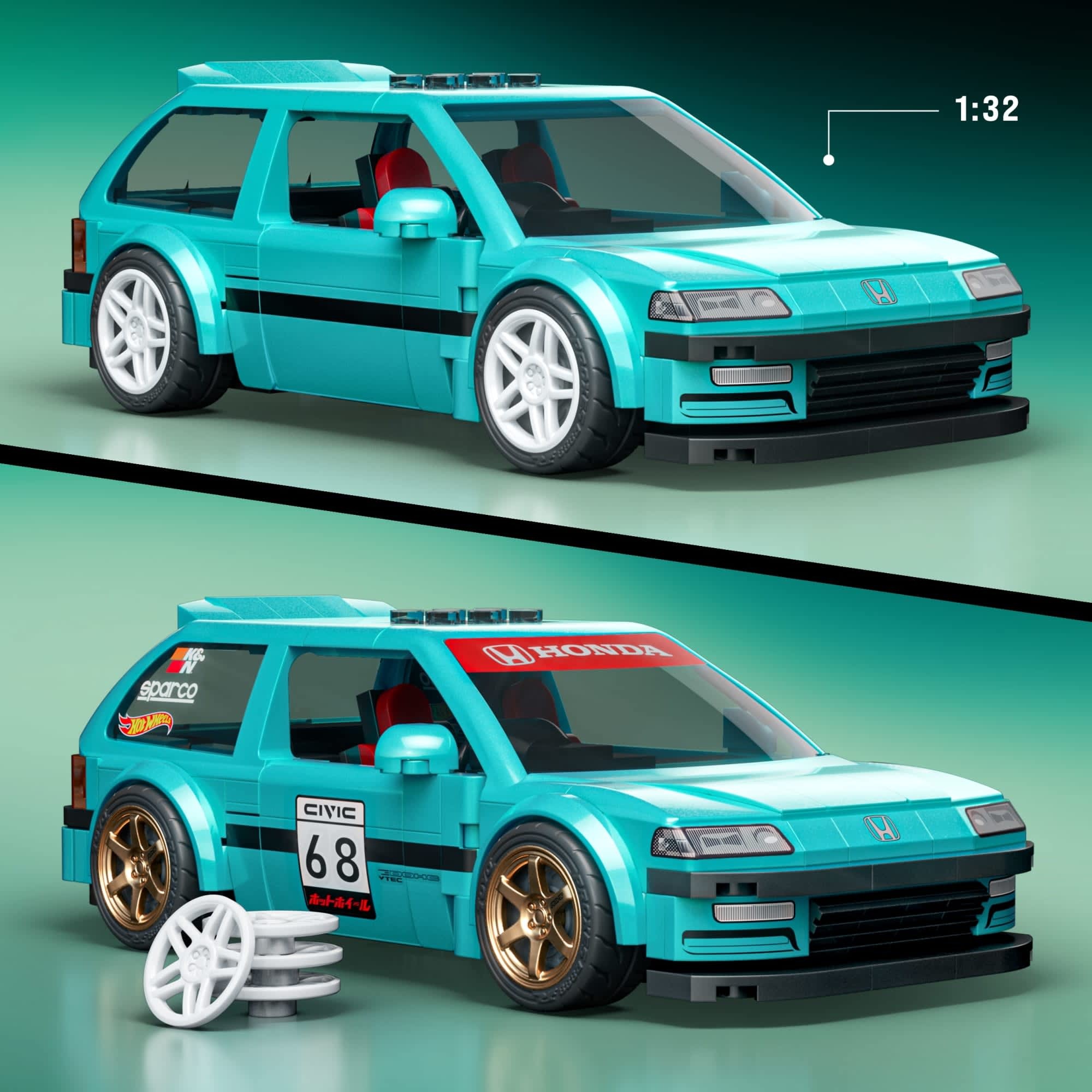 画像: 2025 Mattel Brick Shop【’Hot Wheels Custom ’90 Honda Civic EF Building Set】AQUA (外箱に少し凹みあり）