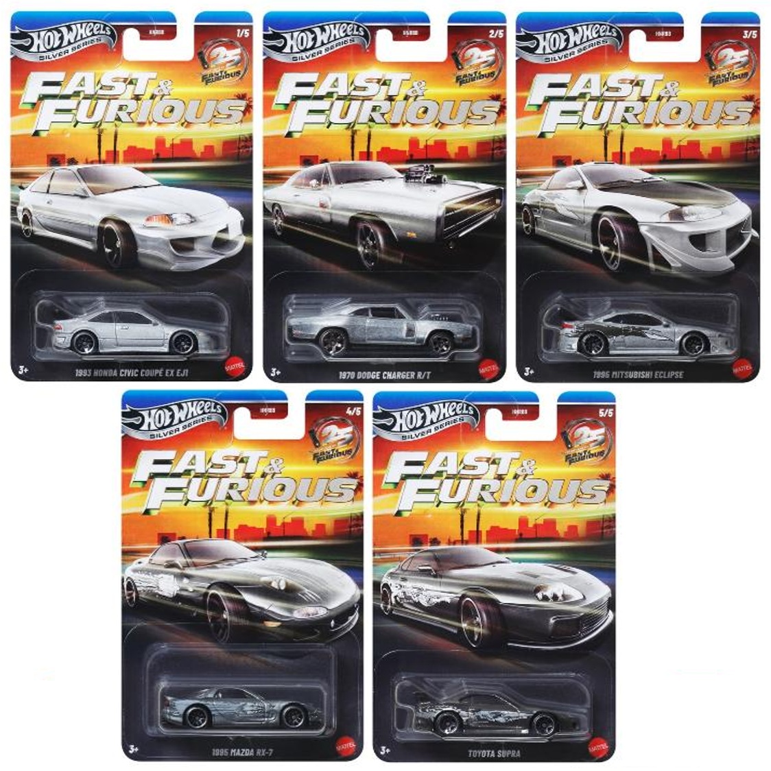 画像: 【仮予約】PRE-ORDER - 2026 HW FAST & FURIOUS 【ワイルド・スピード テーマ Qアソート - 25周年記念 5種セット】1993 ホンダ シビック クーペ EX EJ1/1970 ダッジ チャージャー R/T/1995 三菱エクリプス/1995 マツダ RX-7/トヨタ スープラ(2026年10月下旬入荷予定）
