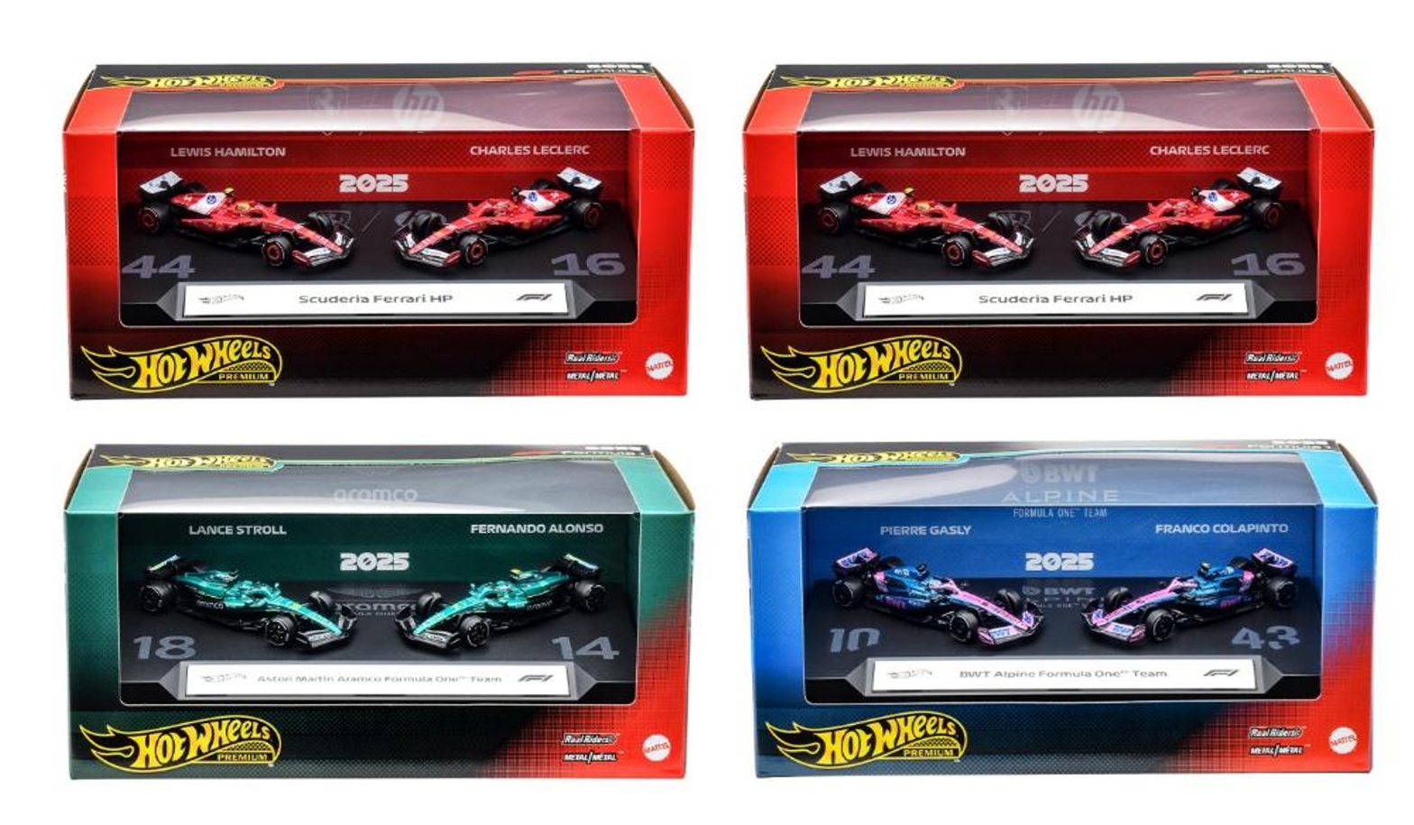 画像1: 【仮予約】PRE-ORDER - 2025 HW FORMULA 1 【"FORMULA 1" プレミアム レース 2パック Cアソート(4個入り)】BWT アルピーヌ フォーミュラ 1 チーム/スクーデリア・フェラーリ HP/アストンマーティン アラムコ フォーミュラ 1 チーム(2026年10月末頃入荷予定）